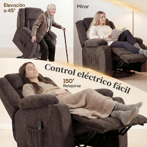 Sillón Relax Reclinable Eléctrico Levanta Personas con Puerto USB Control Remoto Asiento Ancho Reposapiés Marrón [2]
