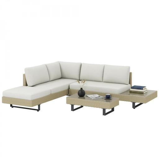 Conjunto de Jardín Exterior de Ratán de 3 Piezas con Sofá Modular de 3 y 2 Plazas Mesa Lateral Mesa de Centro Cojines [9]