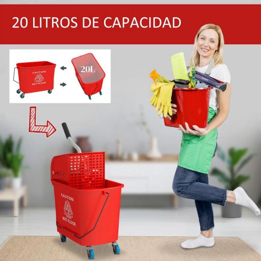 Cubo de Fregar 20L con Ruedas y Escurridor Cubo para Fregona con Separador de Agua 60x27x70,5 cm Rojo [3]