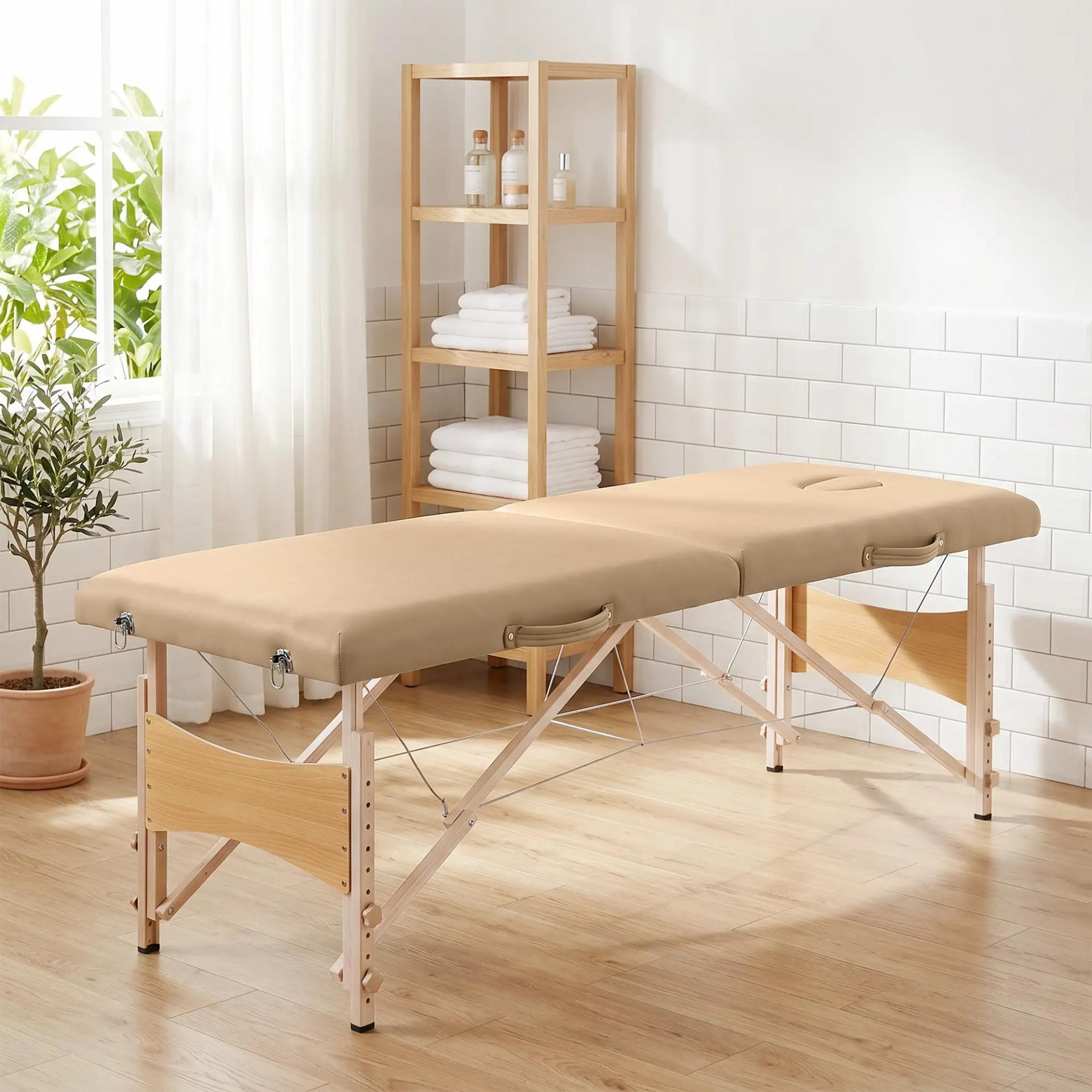 Camilla de Masaje Plegable con Marco de Madera con Altura Regulable y Bolsa de Transporte 186x60x61-87 cm Marrón