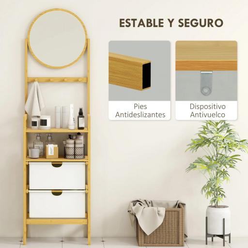 Estantería de Baño de Bambú con Espejo con 4 Ganchos 2 Estantes Abiertos y 2 Cajones de Tela 48,5x30x170 cm Natural [8]