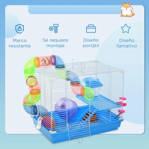 Jaula para Hámster 46x30x37 cm Casa para Hámster con Tubos Comedero Bebedero Rampa Rueda de Ejercicio y Asa Portátil para Interior y Exterior Azul y Blanco [5]