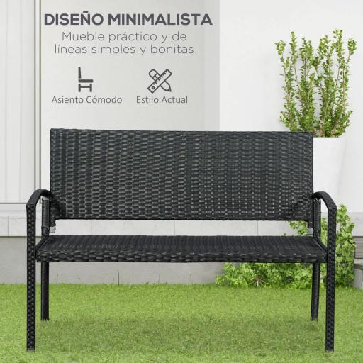Banco de Jardín de 2 Plazas Banco para Exterior con Respaldo y Asiento de Ratán PE Carga 240 kg 122x60x85 cm Negro [3]