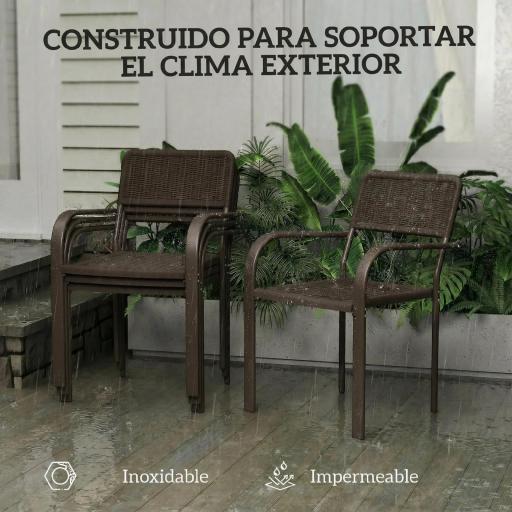 Juego de 4 Sillas de Jardín Exterior Apilables con Reposabrazos Respaldo y Marco de Acero 55x60x83 cm Marrón Oscuro [5]