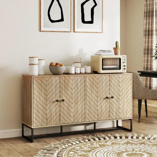 Aparador de Salón con 4 Puertas con Diseño Chevron Estantes Ajustables Patas de Acero 140,5x40x81,5 cm Roble