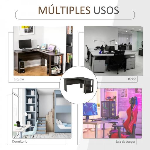 Mesa de Ordenador PC Escritorio para Oficina Hogar Tipo Esquinera Forma L con Estantes 136x130x72cm Madera [5]