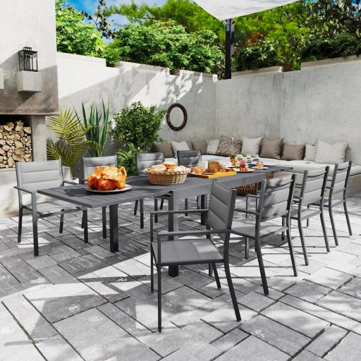 Juegos de Comedor de Jardín con Marco de Aluminio Mesa Extensible y 8 Sillas Apilables para Terraza Patio Gris