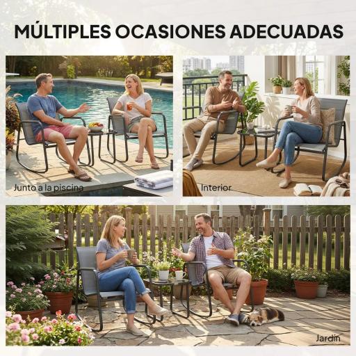 Conjunto de Jardín de 3 Piezas con 2 Sillas Mecedoras Mesa con Encimera de Vidrio y Estructura de Acero para Patio Gris [2]