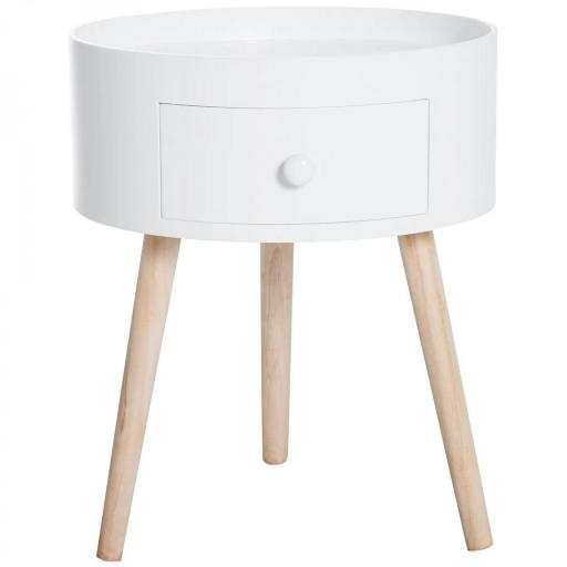 Mesita de Noche con 1 Cajón Mesa Auxiliar Redonda con Borde Elevado y 3 Patas de Madera para Dormitorio Sala de Estar Estilo de Moderno Ø38x45 cm Blanco [8]