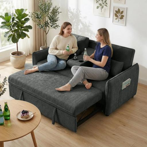 Sofá Cama 2 Plazas 3 en 1 con Mesa Auxiliar Portavasos Respaldo Ajustable Bolsillos Laterales 2 Almohadas Gris Oscuro [3]