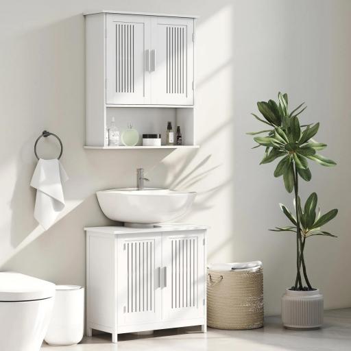 Armario de Pared para Baño Multiusos con Estante Ajustable Puertas de Listones y Compartimento 60x20x70 cm Blanco