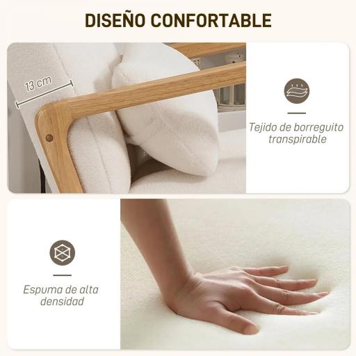 Silla Mecedora con Reposapiés Tapizado en Bouclé Cojín Acolchado y Reposabrazos y Patas de Madera Carga 120 kg Blanco [3]