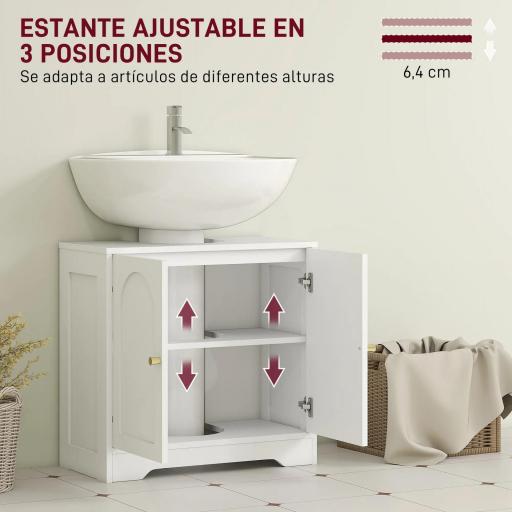 Mueble bajo Lavabo con 2 Puertas con Diseño de Arco Estante Ajustable Tiradores Dorados 60x30x65 cm Blanco [2]