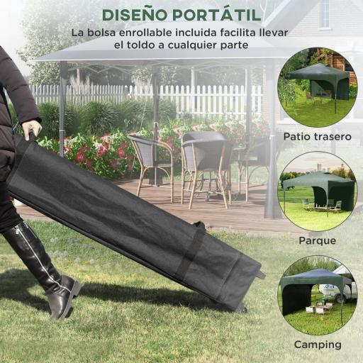 Cenador de Jardín 3x3 m con Altura Ajustable 1 Pared Lateral Impermeable 4 Bolsas de Arena y Bolsa de Transporte Verde [3]