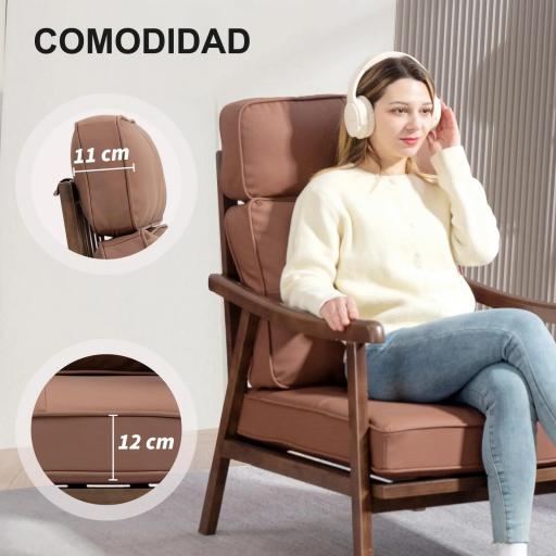 Sillón de Salón Tapizado en PU con Marco de Madera Cojines Acolchados Gruesos Marrón y Madera Nogal [4]