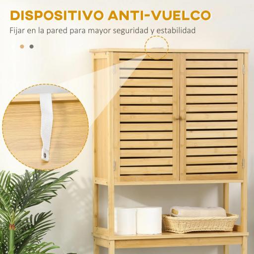 Mueble de Bambú sobre Inodoro Armario Alto para Lavadora con 2 Puertas 1 Balda Interior y 1 Estante de Almacenaje para Baño 60x23x173 cm Natural [8]