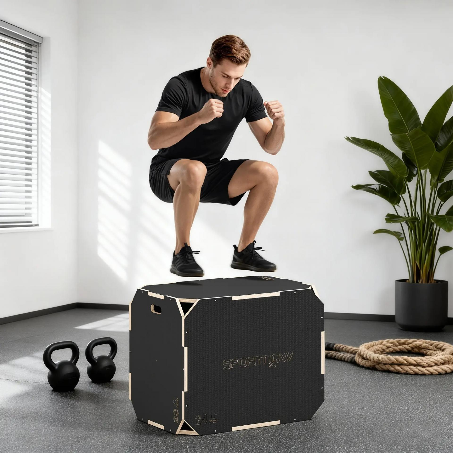 Cajón Pliométrico de Madera 3 en 1 con 3 Alturas Diferentes Asas sin Esquinas Entrenamiento de Salto 76x61x51 cm Negro
