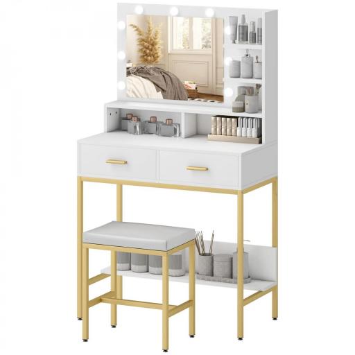 Tocador de Maquillaje con Luz y Taburete Mesa de Maquillaje con 2 Cajones y Estantes de Almacenamiento Blanco [9]