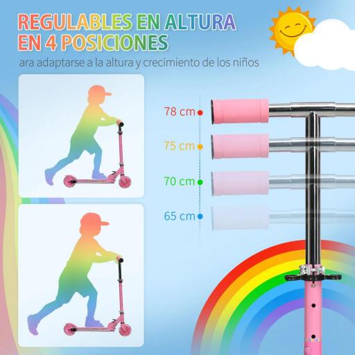 Patinete Infantil Plegable con Luces Música Altura Ajustable Ruedas Brillantes Pedal LED Carga 50kg 67x32x65-78cm Rosa [5]