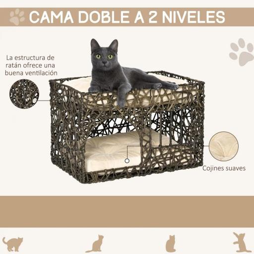 Cesta de Ratán para Gatos de 2 Alturas Cama Cueva de Gatos con 2 Cojines Suaves y Ventana 56x41x45 cm Café Oscuro [6]