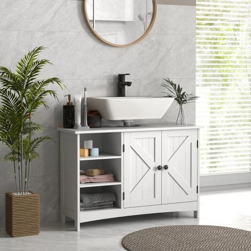 Mueble Bajo Lavabo de Pie con 2 Puertas y Estantes Ajustables Antivuelco Estilo Moderno 90x30x60 cm Blanco [8]