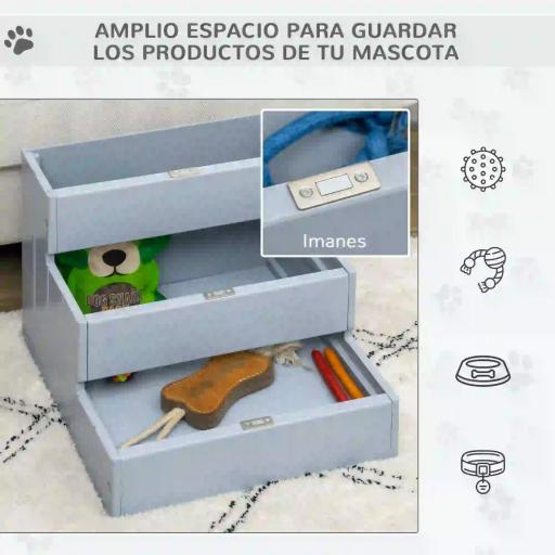 Escalera para Mascotas 3 Peldaños con Espacio de Almacenaje y Alfombra Antideslizantes Portátil 40,5x44,5x38 cm Gris [3]