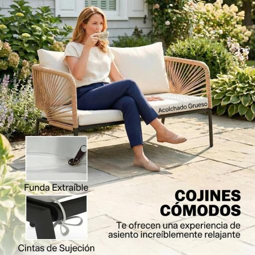 Conjunto Jardín Exterior de 4 Piezas con Sofá 2 Sillones y Mesa WPC Ratán PE Tipo Cuerda Cojines Acolchados Blanco [5]