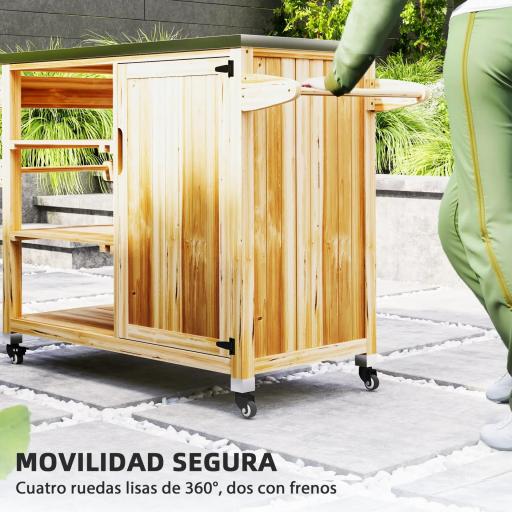 Carrito de Parrilla de Madera con 4 Ruedas Estantes Armario y Encimera de Acero Inoxidable 134,5x50x91,5 cm Natural [1]