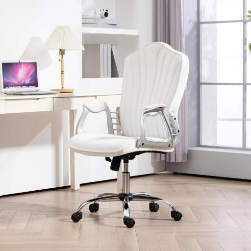 Silla de Escritorio Giratoria con Altura Ajustable Reposabrazos Respaldo Curvado Función de Basculante Blanco [2]