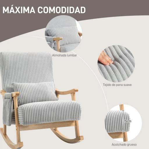 Silla Mecedora de Pana con Patas y Reposabrazos de Madera de Caucho Cojín Lumbar y Bolsillo Carga 120 kg Gris [7]