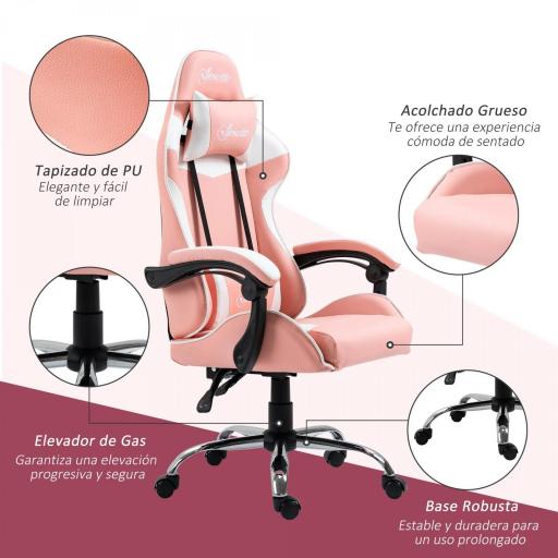 Silla Gaming Silla de Escritorio Reclinable 135° Reposacabezas y Cojín Lumbar 63x67x122-130 cm Rosa [2]