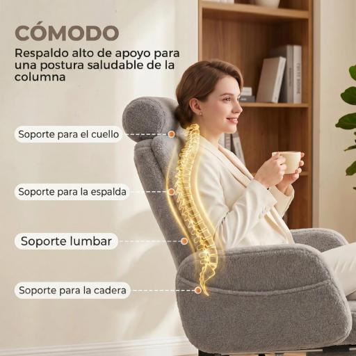 Silla de Escritorio con Reposapiés Tapizada en Borreguito con Respaldo Reclinable Reposacabezas Ajustable Gris Claro [4]
