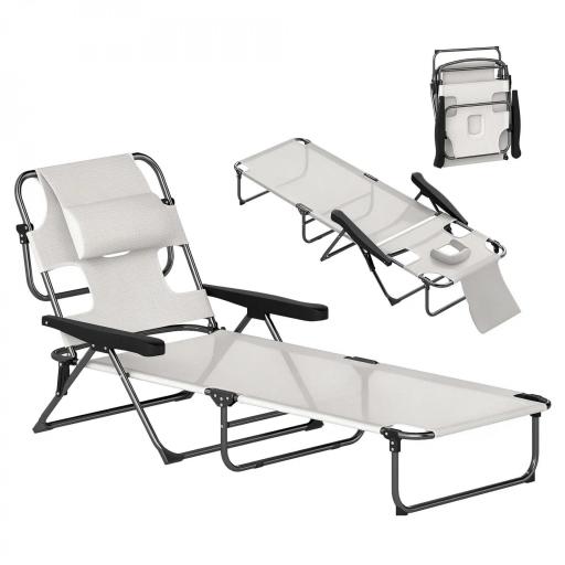 Tumbona de Jardín Plegable con Respaldo Ajustable en 4 Niveles Orificio de Lectura y Reposacabezas 145x72x89 cm Crema [9]