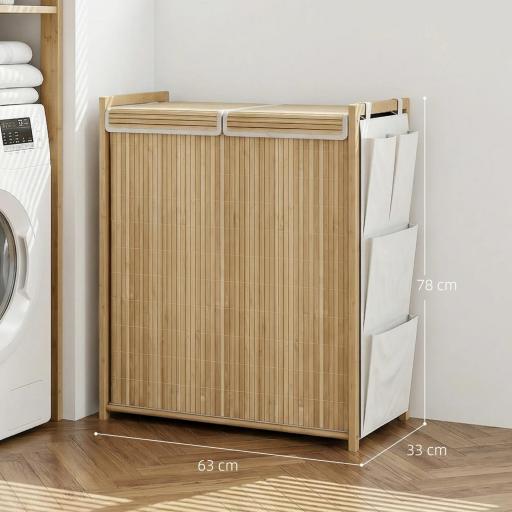 Cesto de Ropa Sucia de Bambú con Tapa 120L con 2 Bolsas con Cordón Extraíbles y Lavables Bolsillos Laterales Natural [1]