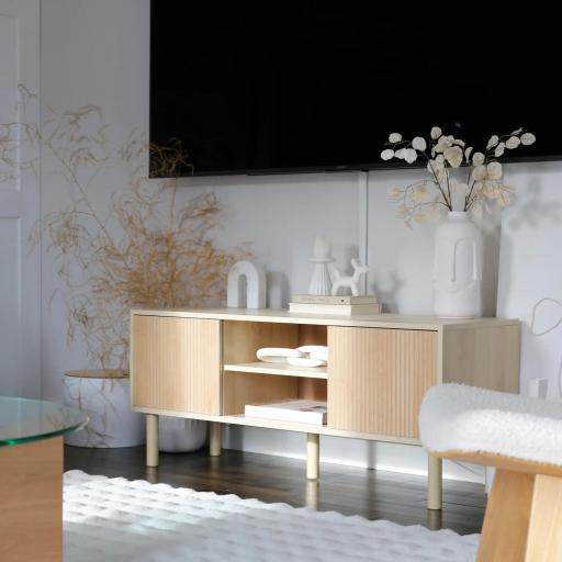 Mesa de TV con Puertas Correderas Estantes Abiertos Orificios para Cables para Televisión hasta 50 Pulgadas Natural [6]