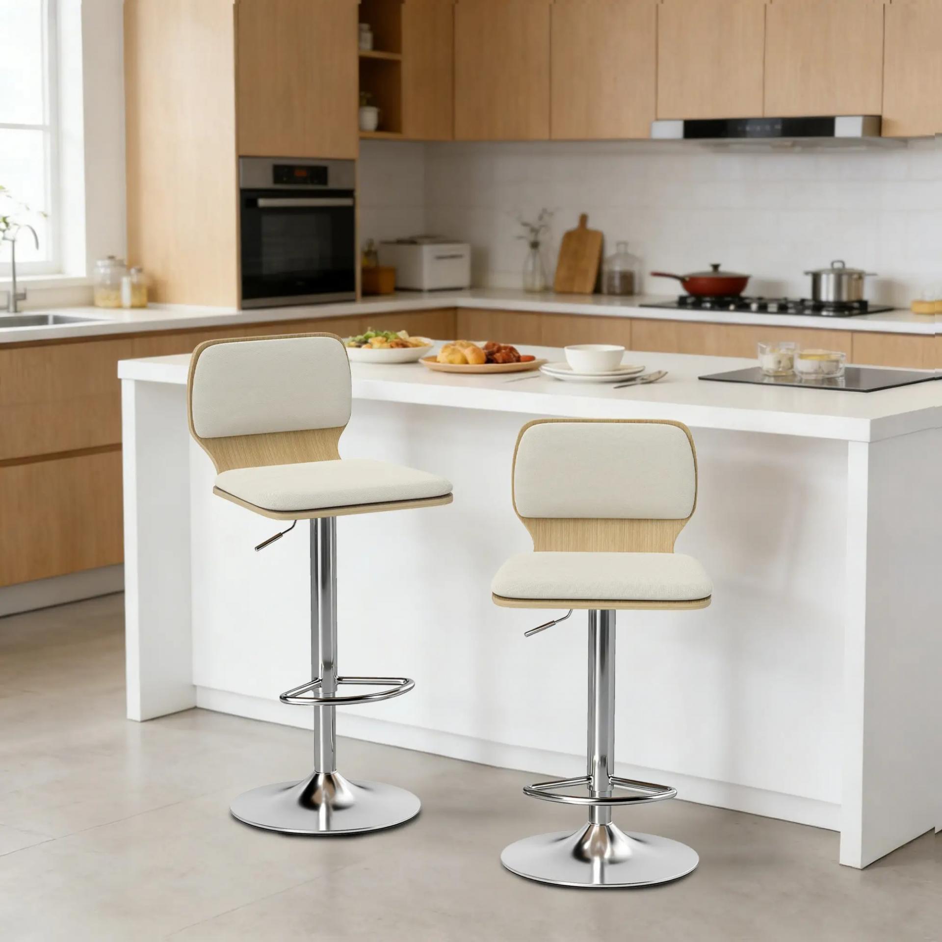 Juego de 2 Taburetes Altos de Cocina Giratorios en 360° Regulables en Altura de 81-102 cm Tapizados en Lino Beige