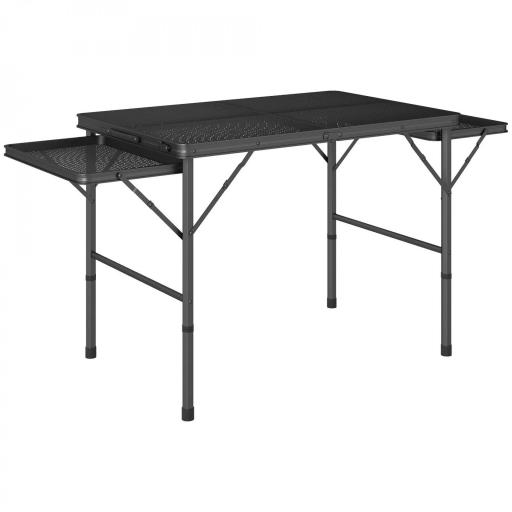 Mesa de Camping Plegable con Laterales Abatibles Altura Ajustable y Encimera Metálica de Rejilla 137x62x67 cm Negro [9]
