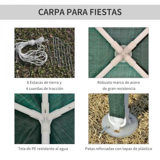 Carpa Desmontable 3x3 m Cenador Pabellón de Jardín con 4 Orificios de Drenaje y Marco de Acero para Terraza Patio Verde [5]