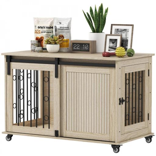 Jaula para Perros Medianos y Grandes Mesa Auxiliar Moderna con 2 Puertas y Cierre 100x56x65 cm Roble [7]