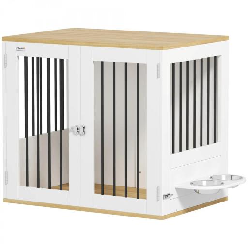 Jaula para Perros Medianos 2 en 1 con 2 Puertas con Puertas Comedero Giratorio de 360° y 2 Cuencos 80x55x71,5 cm Blanco [8]