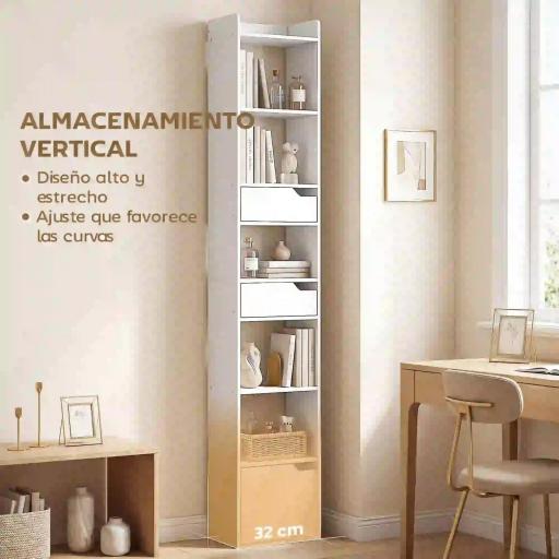 Estantería para Libros con 2 Cajones y Puerta Librería Estrecha con 6 Estantes Abiertos 32x24x181,5 cm Blanco [2]