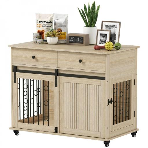 Jaula para Perros Medianos y Grandes Mesa Auxiliar Moderna con 2 Cajones 2 Puertas y Cierre 100x56x81 cm Roble [9]
