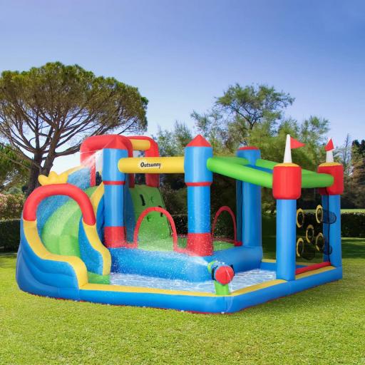 Castillo Inflable Infantil con Tobogán Cama de Salto Piscina Muro de Escalada Inflador 390x300x197 cm Multicolor