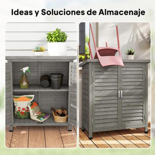 Armario para Terraza de Madera con 2 Estantes Interiores 2 puertas y Techo Inclinado para Exterior Terreza 87x46,5x96,5 cm Gris [4]