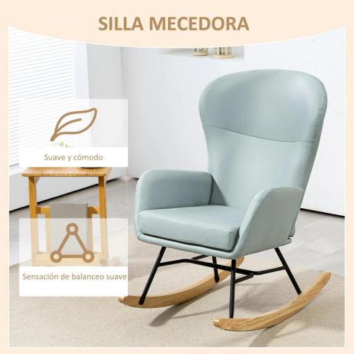 Mecedora Tapizada en Tejido Técnico con Patas de Madera de Haya Respaldo con Diseño Curvo y Reposabrazos Verde Claro [2]
