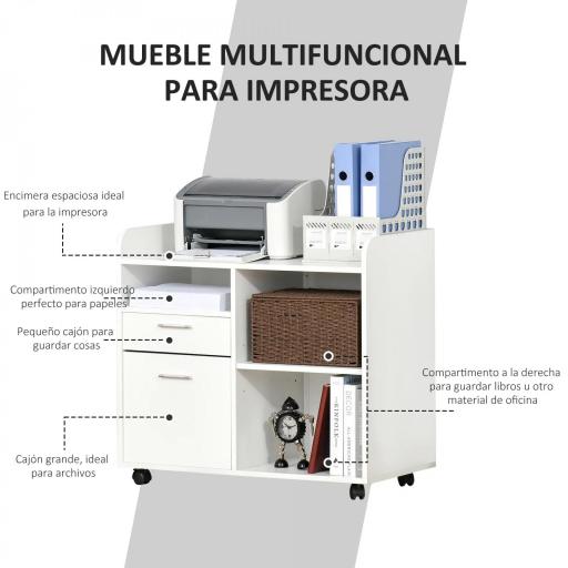 Armario para Impresora con 3 Compartimentos 2 Cajones para Archivos Estante Ajustable Ruedas 80x40x72 cm Blanco [10]