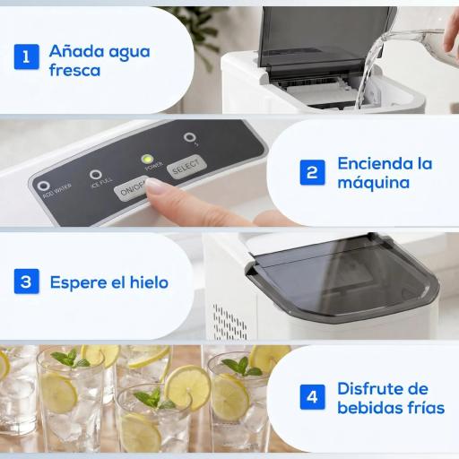 Máquina de Hielo Autolimpiable 12 kg/24H 9 Cubitos Listos en 7 Minutos 2 Tamaños de Hielo 1,5L Depósito Blanco [5]