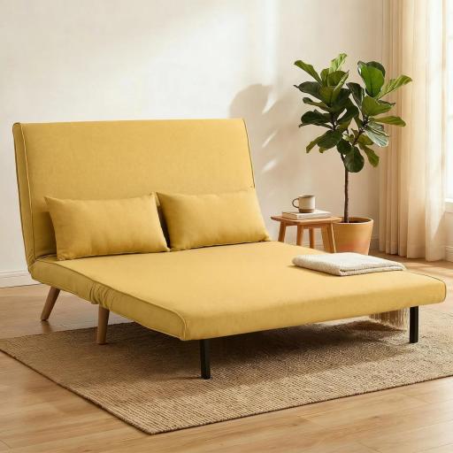 Sofá Cama de 2 Plazas Plegable Sofá Cama Tapizado en Lino con Respaldo Ajustable 5 Posiciones 2 Almohadas Amarillo [0]