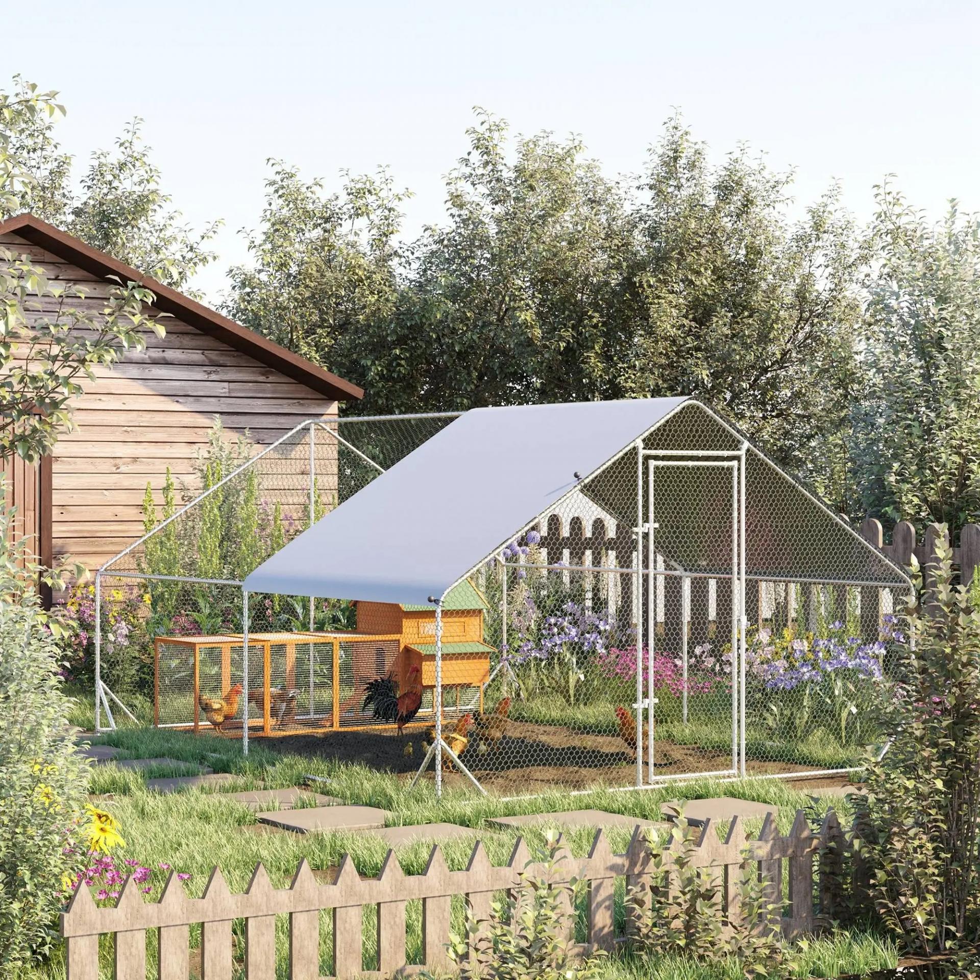 Gallinero para Exterior Jaula para Gallinas de Acero Galvanizado con Cubierta de PE y Cerradura 3x4x2 m Plata