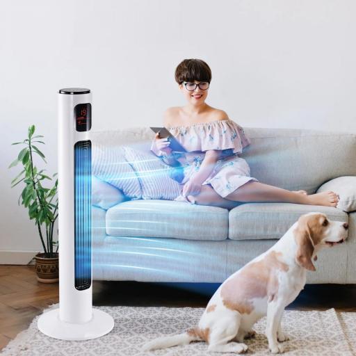 Ventilador de Torre Silencioso 45W con Control Remoto 3 Velocidades 3 Modos Temporizador 10H Oscilación 70° Blanco